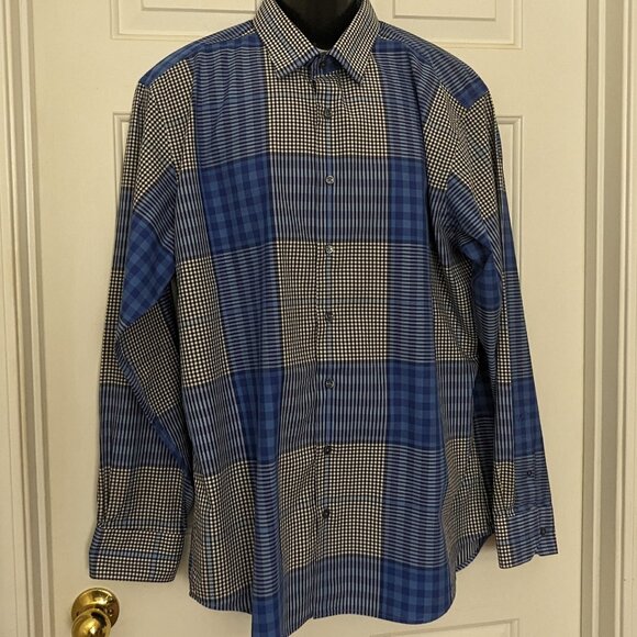 Bugatchi Men's Classic Fit Dress Shirt French Cuff Size  XL Blue / Black Striped - Picture 1 of 8